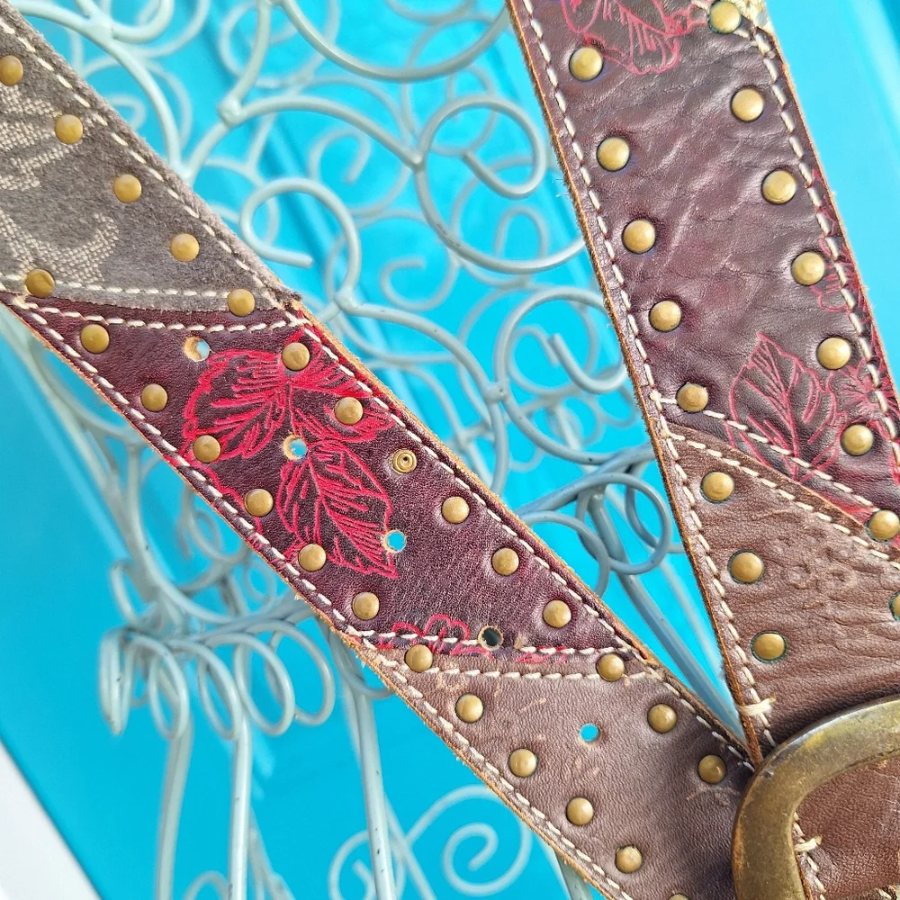Genuine Leather Belt Metal Studded Embossed Patchwork Bohemian Tooled Womens - Picture 4 of 16